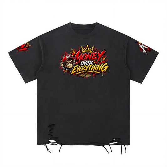 "AM - Money Over Everything" Men’s | Distressed Washed Oversized T-Shirt