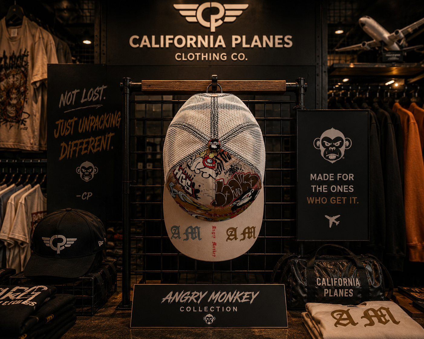 "Angry Monkey" | Black Buckle Peaked Mesh Trucker Hat