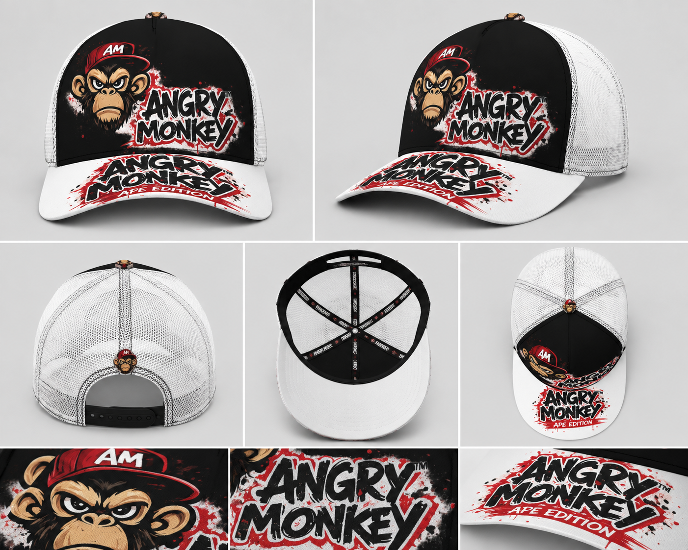 "Angry Monkey" | Black Buckle Peaked Mesh Trucker Hat