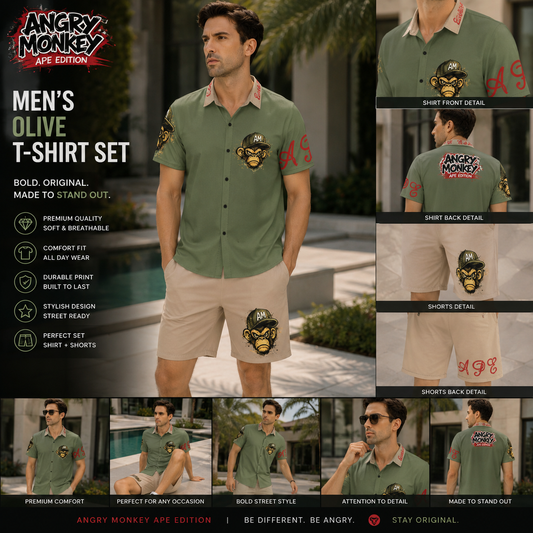 "Angry Monkey" Olive Drab | Men's Short Sleeve Shirt Set