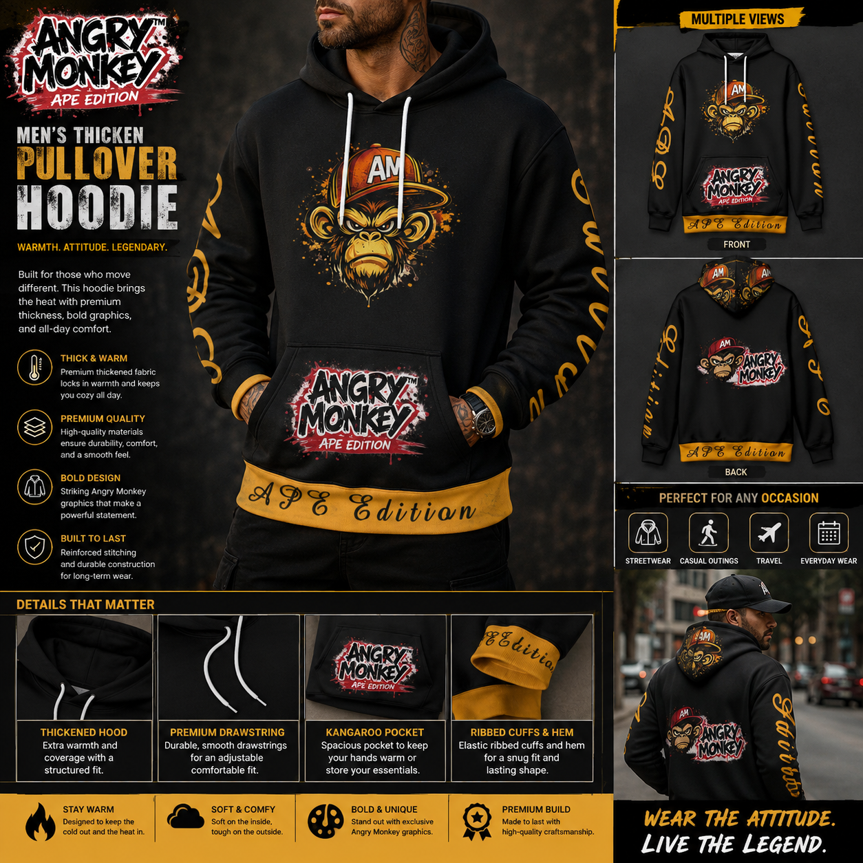 "Angry Monkey" Men's |Thicken Pullover Hoodie