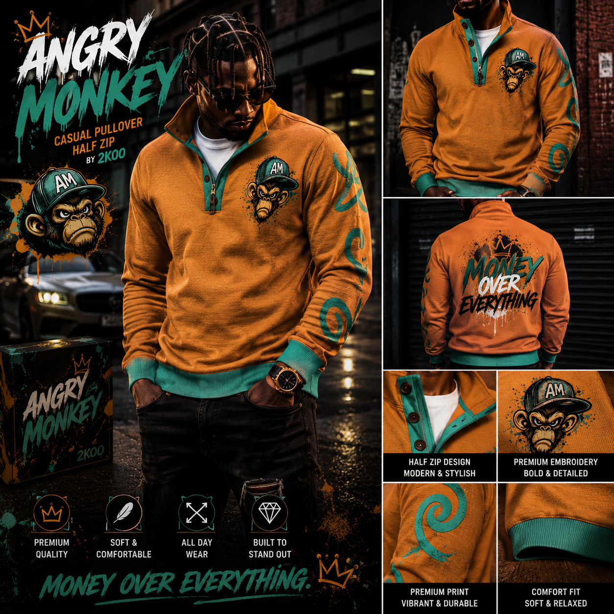 "Angry Monkey" Men’s Casual Pullover Shirt | With Half Zipper