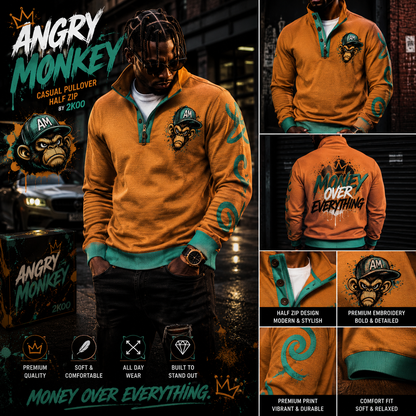 "Angry Monkey" Men’s Casual Pullover Shirt | With Half Zipper