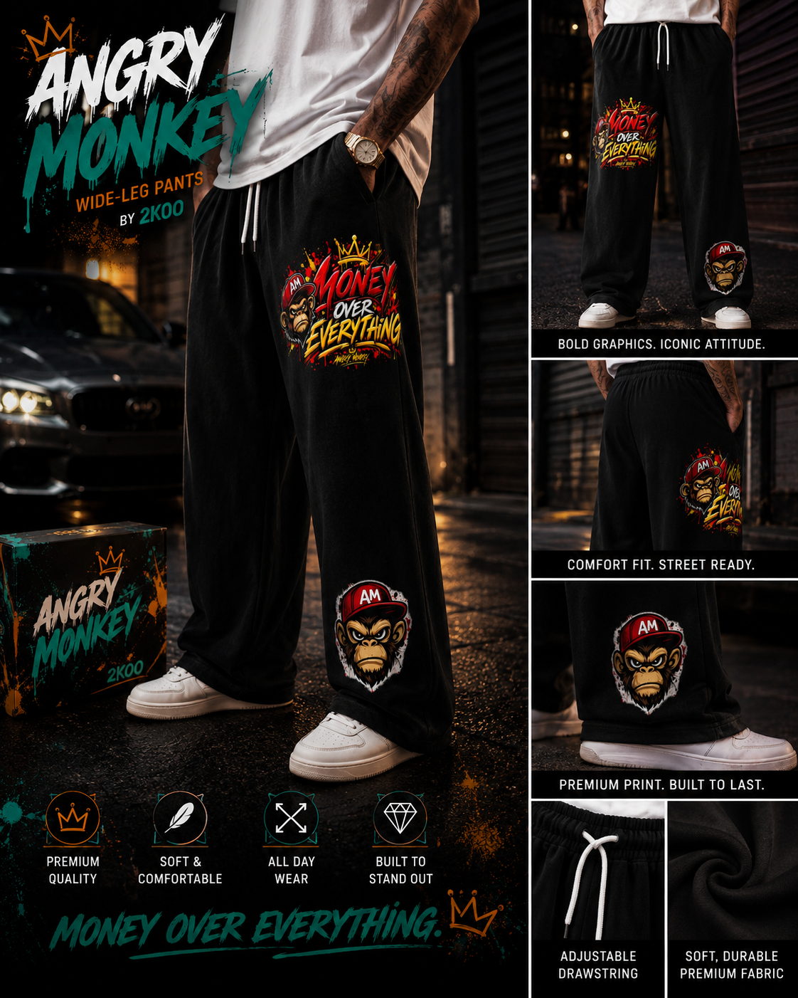 "AM-Money Over Everything" Unisex Knitted Fleece | Wide Leg Pants