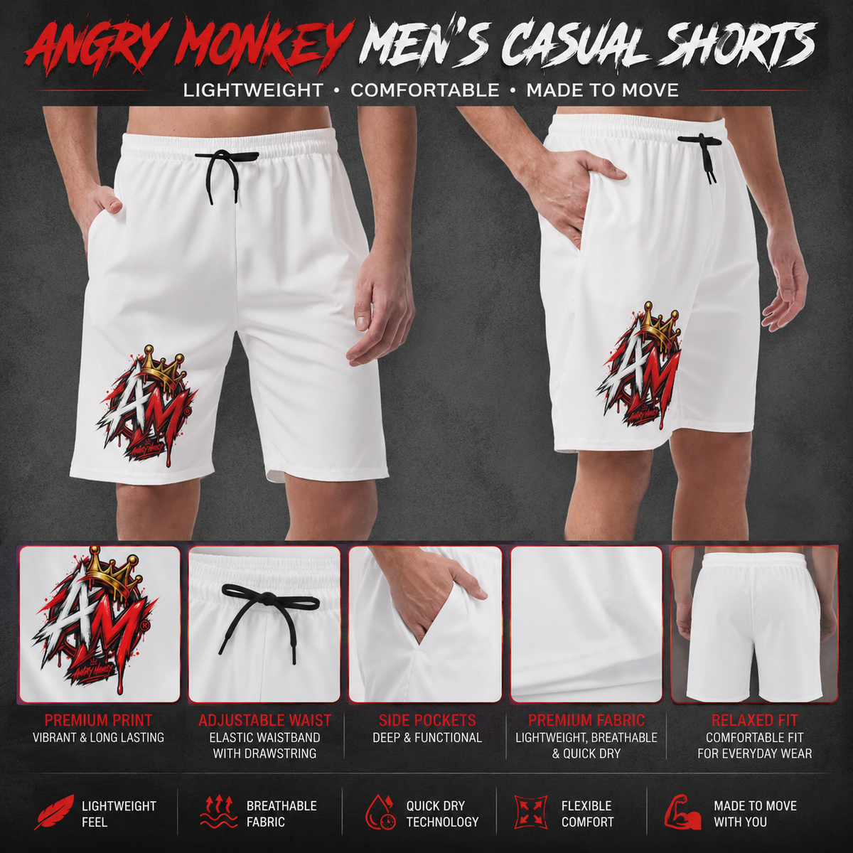"ANGRY MONKEY" MEN"S CASUAL SHORTS