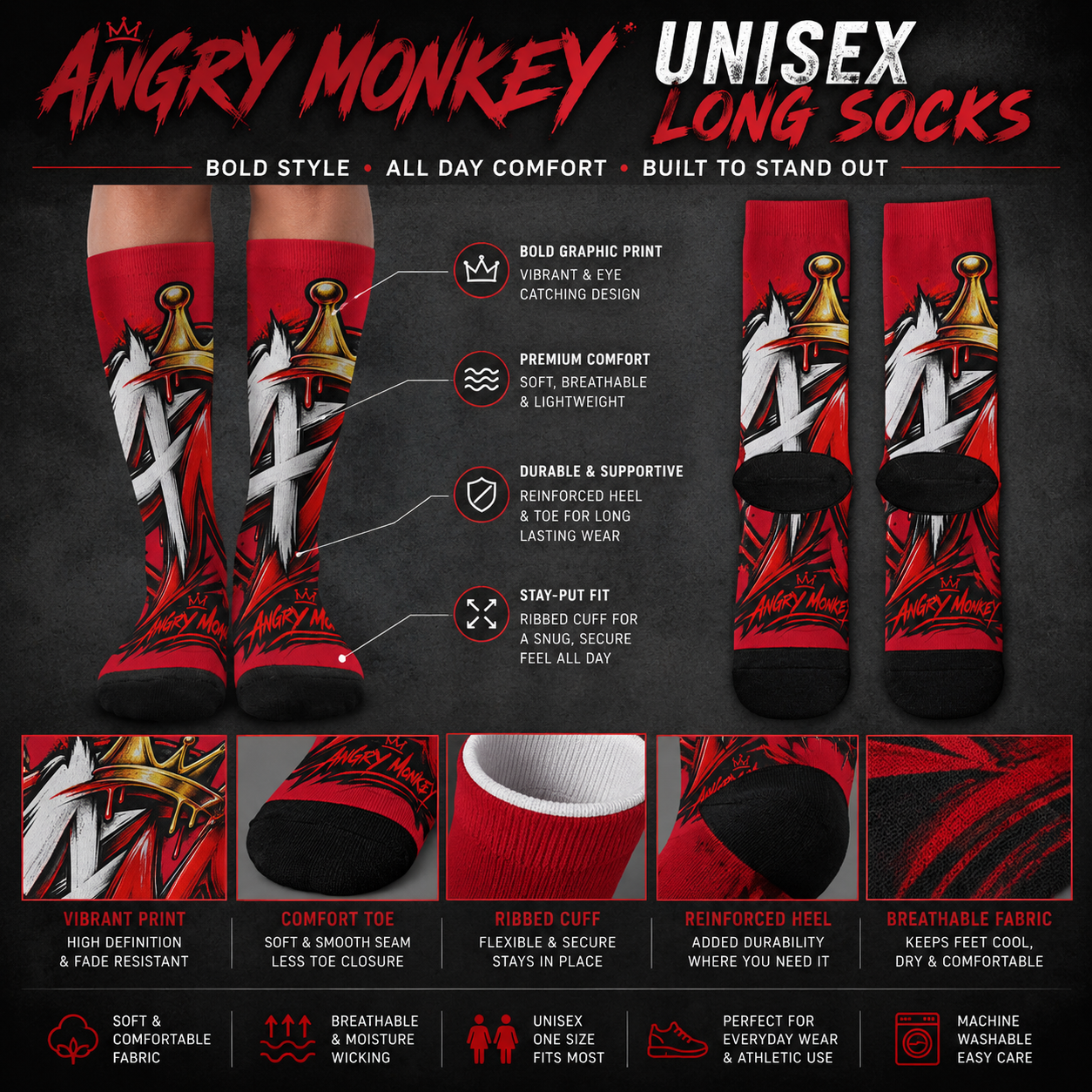 "Angry Monkey" Unisex Long Socks