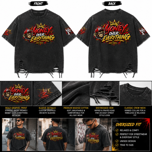 "AM - Money Over Everything" Men’s | Distressed Washed Oversized T-Shirt