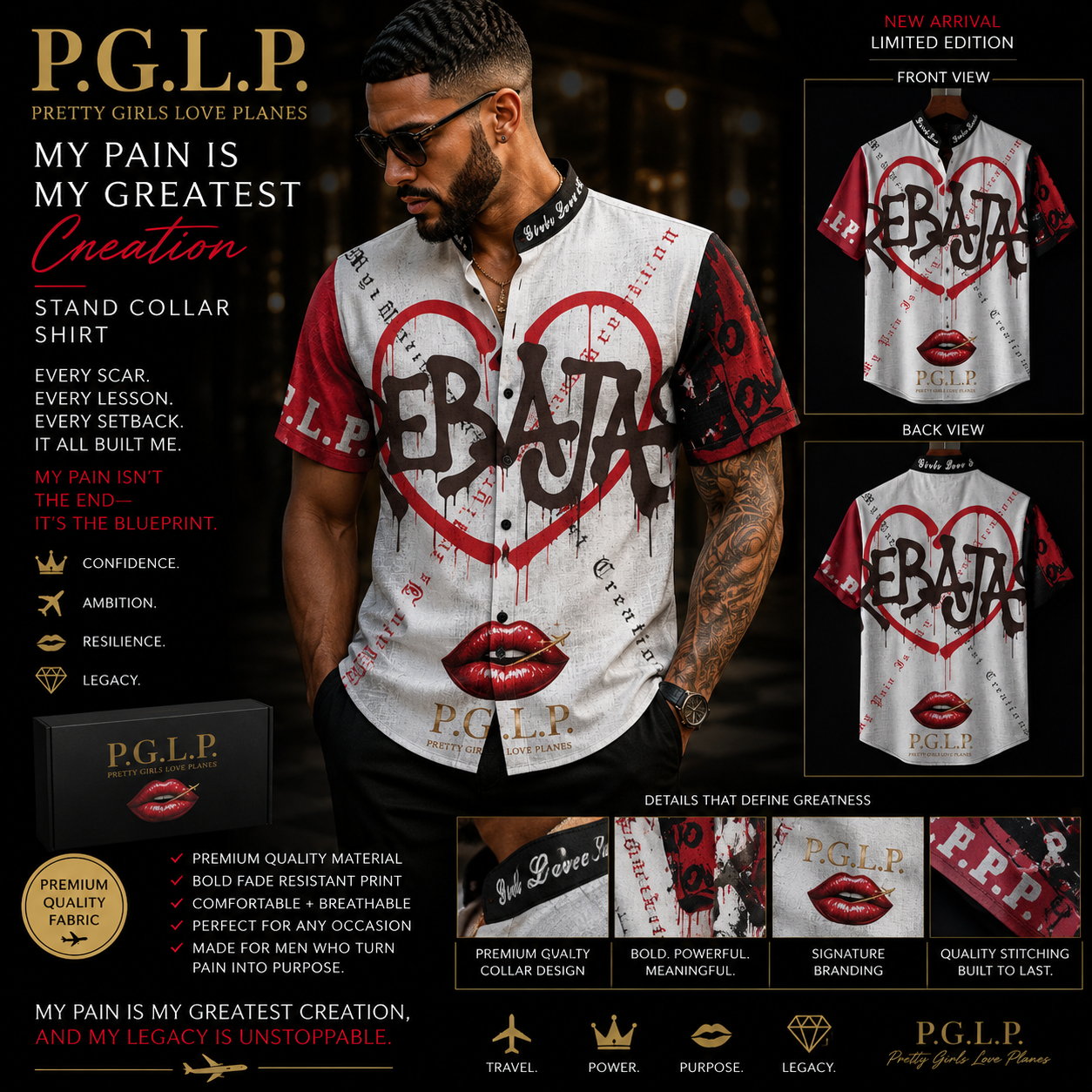 "P.G.L.P." My Pain Is My Greatest Creation | Men's Stand Collar Shirt"